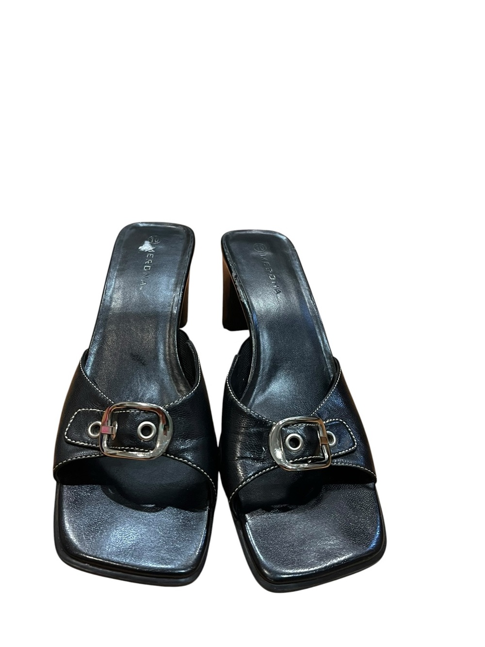 Black Leather Buckle Square-Toe Mules